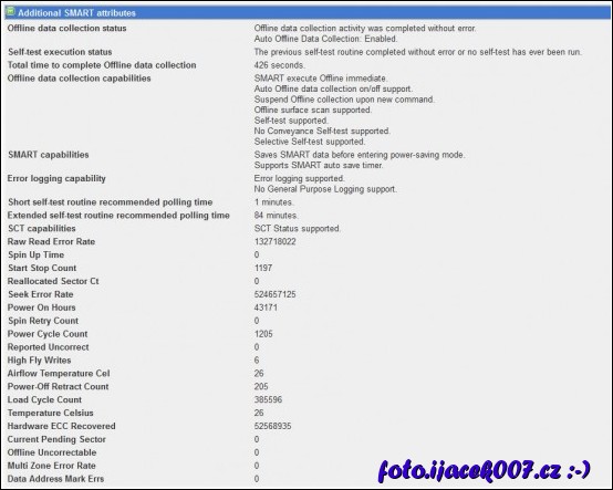 Pohled na diagnostiku pevného disku pod systémem Ubuntu v rozhraní Webmin 