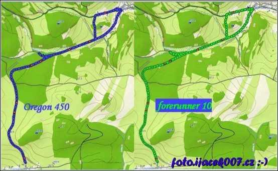 porovnání záznamu trasy GPS navigace oregon 450 a hodinek forerunner 10 
