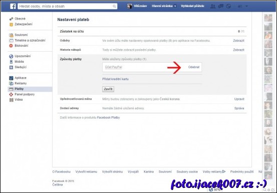 obrazovka nastaveni sociální sítě facebook položka platby  