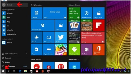 Windows 10 nabídka start a nastavení učtu 