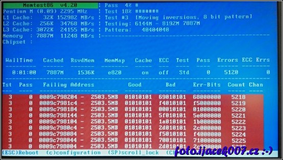 takto vypadá vadná pamět RAM diagnostikována pomocí programu memtest 
