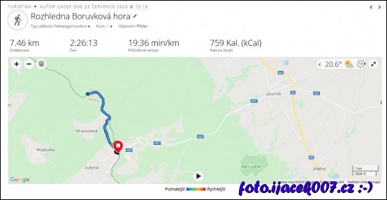 Pohled na záznam trasy na rozhlednu Borůvková hora.  